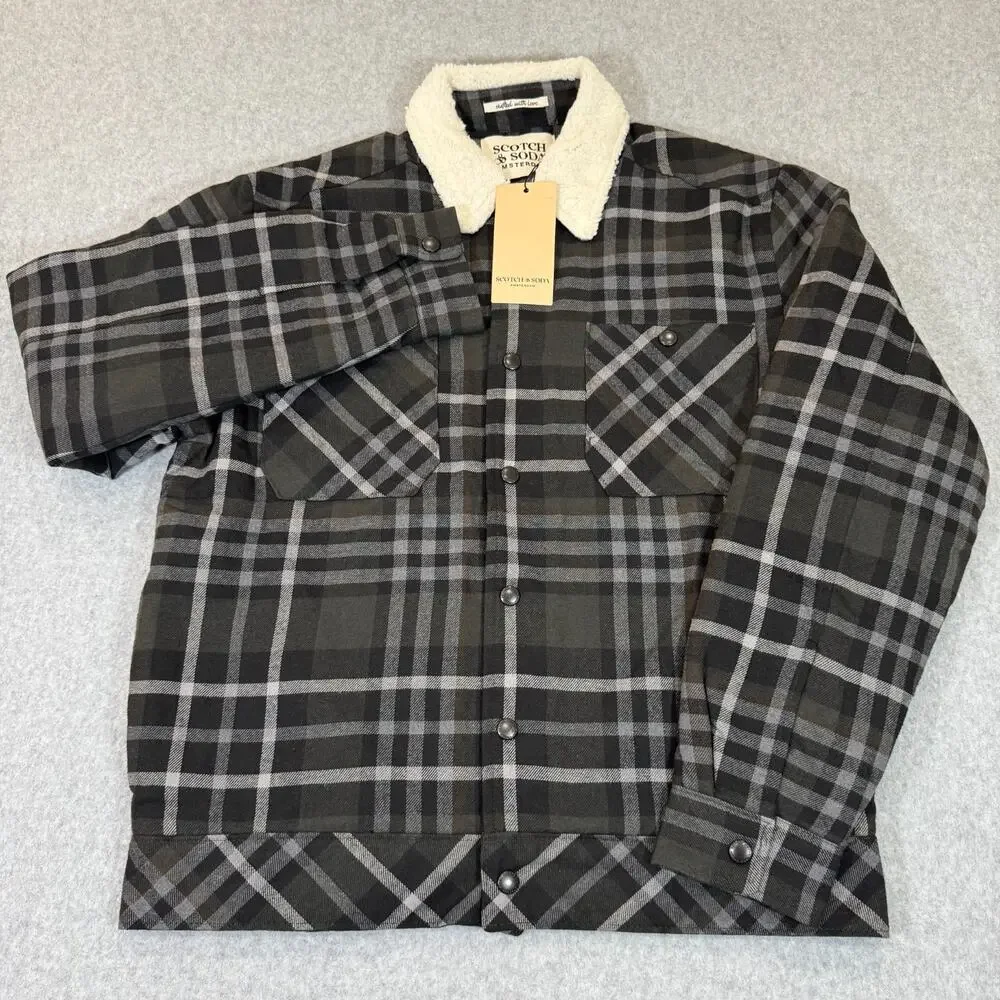 Scotch & Soda Sherpa Lined Plaid Flannel Jacket Gray Men's Small Snaps NWT